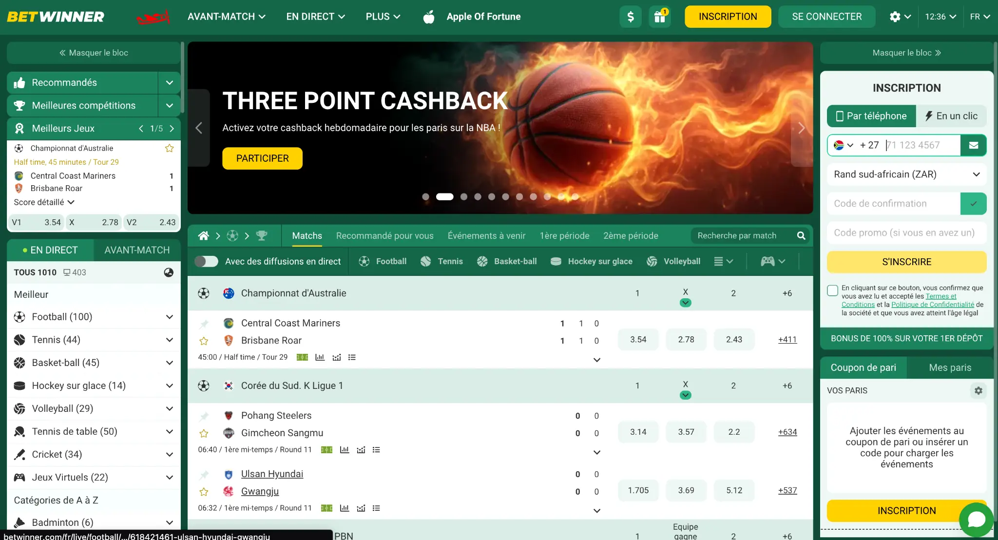 Interface des paris en direct avec statistiques