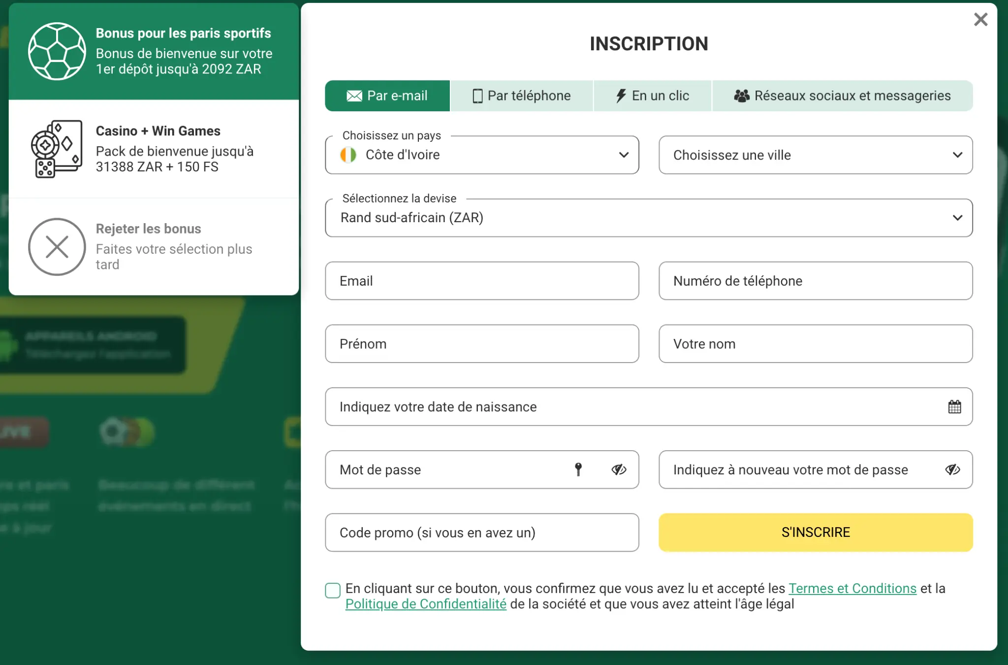 Formulaire d'inscription utilisateur Betwinner