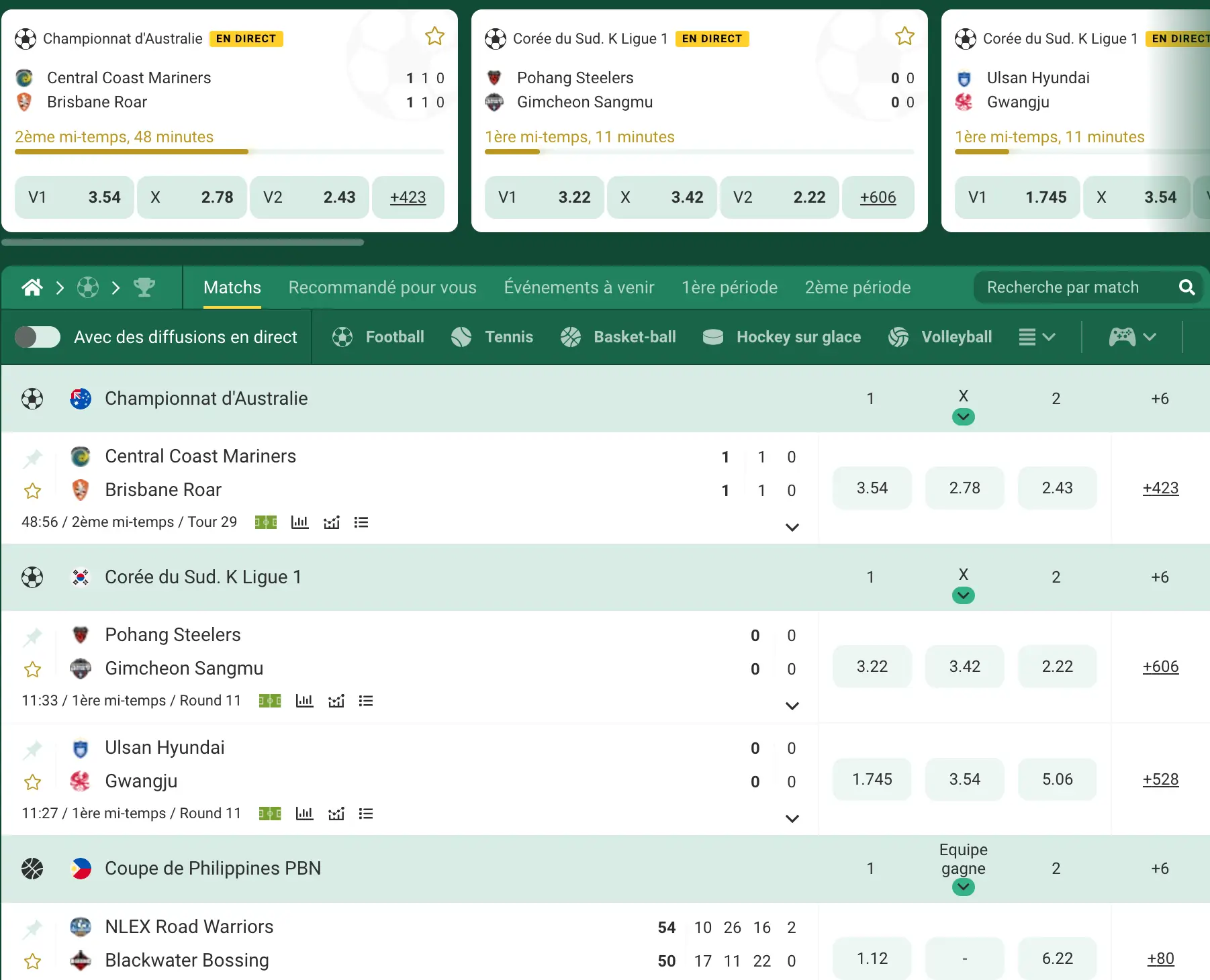Cotes et matchs en direct sur Betwinner